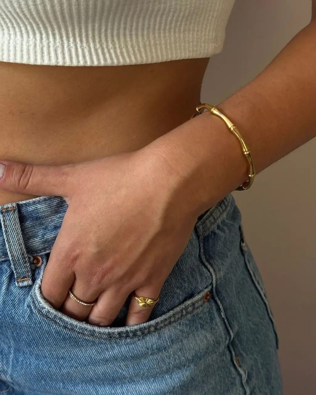 Bracelete Elo Bambu Dourado Aço Inoxidável