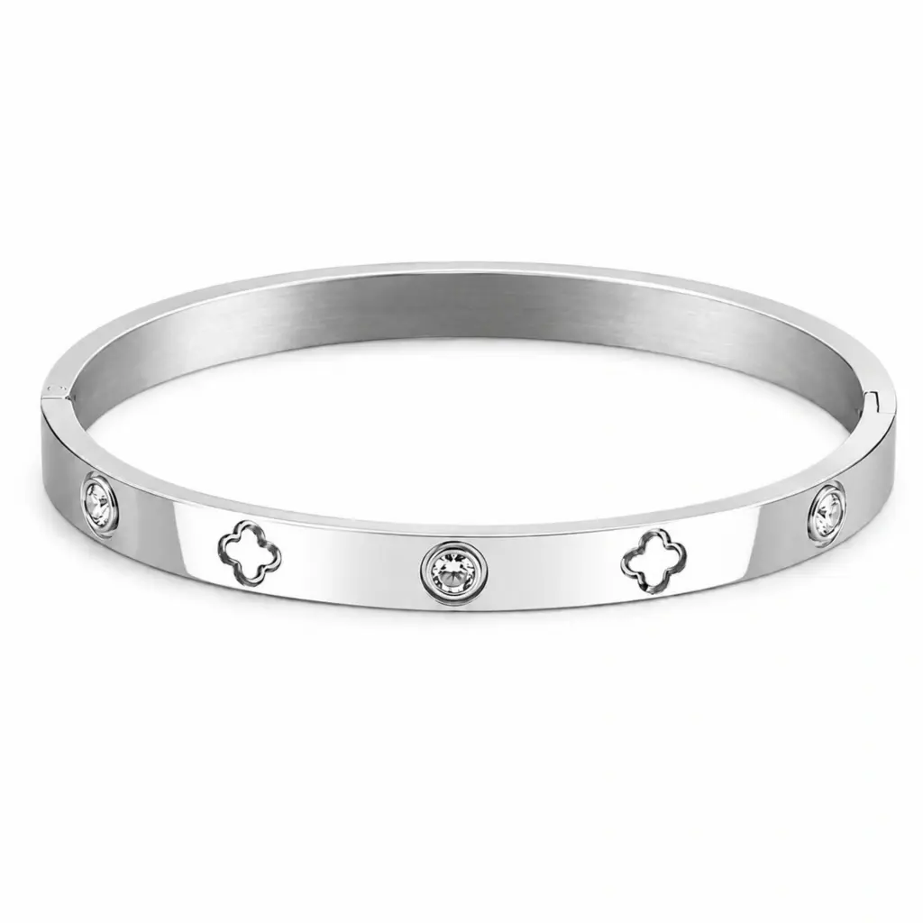 Bracelete Trevo Com Zircônias Aço Inoxidável