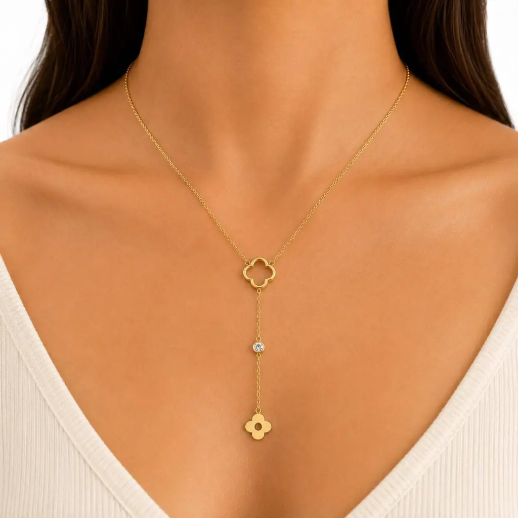 Colar Gravatinha Trevo + Ponto de Luz Dourado