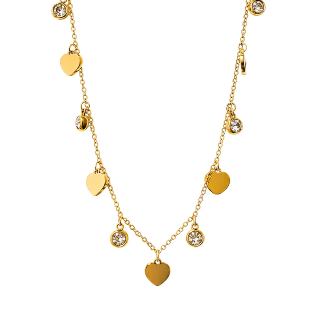 Colar Medalinhas Corações e Cristais Dourado