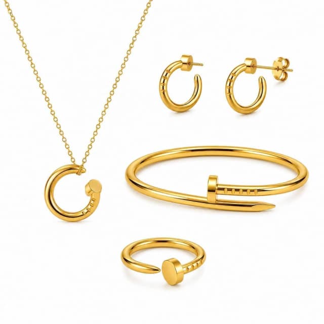 Kit Colar Brinco Anel e Bracelete Prego Dourado